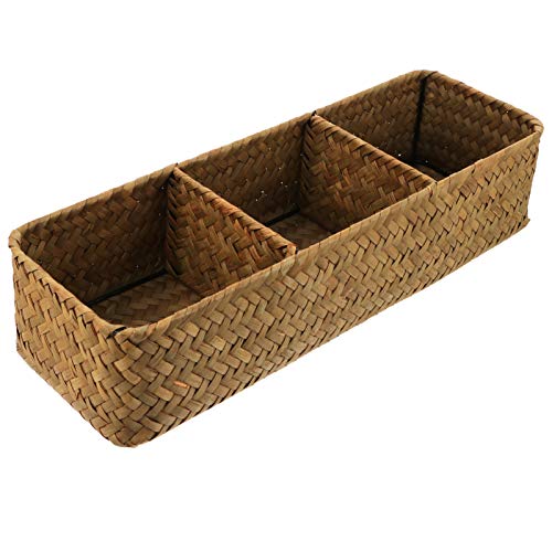 Cabilock Home Decor 3 Compartments Storage Box Sea Grass Woven Sundries Storage Case Wicker Storage Bins Rectangular Household Organizer Boxes Shelf Wardrobe Organizer Yellow Storage Drawers