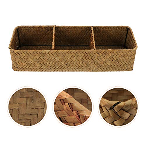 Cabilock Home Decor 3 Compartments Storage Box Sea Grass Woven Sundries Storage Case Wicker Storage Bins Rectangular Household Organizer Boxes Shelf Wardrobe Organizer Yellow Storage Drawers