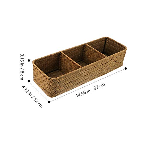 Cabilock Home Decor 3 Compartments Storage Box Sea Grass Woven Sundries Storage Case Wicker Storage Bins Rectangular Household Organizer Boxes Shelf Wardrobe Organizer Yellow Storage Drawers