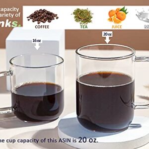 Aquach Glass Mugs 20 oz Set of 2, Extra Large Clear Glass Cup with Handle for Hot/Cold Coffee Tea Beverage, Thicker Quality for Safe Use Every Day