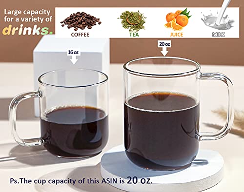 Aquach Glass Mugs 20 oz Set of 2, Extra Large Clear Glass Cup with Handle for Hot/Cold Coffee Tea Beverage, Thicker Quality for Safe Use Every Day