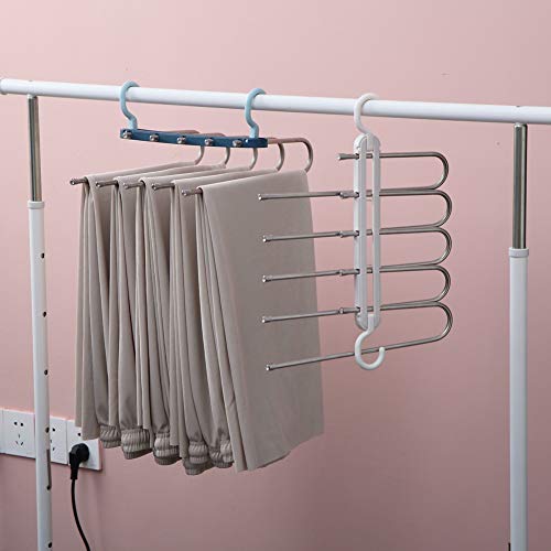 Unioax Pants Hangers Space Saving Pants Rack 5 in 1 Non-Slip Folding Trousers Hanger Multi-Functional Pants Organizer for Closet Wardrobe Scarf Jeans Ties Slacks Storage, Blue