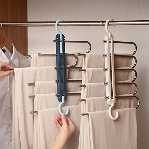 Unioax Pants Hangers Space Saving Pants Rack 5 in 1 Non-Slip Folding Trousers Hanger Multi-Functional Pants Organizer for Closet Wardrobe Scarf Jeans Ties Slacks Storage, Blue