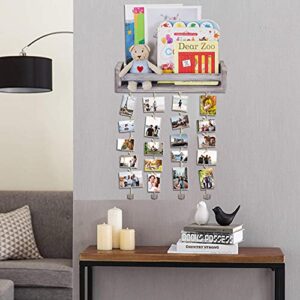 Satauko Floating Shelves Storage for Photo Hanging Display, Wooden Picture Frames Collage with 24 Clips, Wall Mounted Shelf Décor for Pictures Organizer. (Grey)