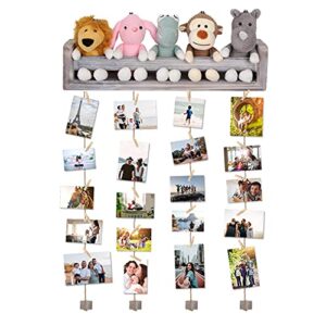 Satauko Floating Shelves Storage for Photo Hanging Display, Wooden Picture Frames Collage with 24 Clips, Wall Mounted Shelf Décor for Pictures Organizer. (Grey)