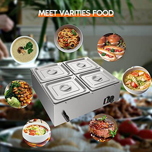 Commercial Food Warmer, 1500W 110V 4-Pan Electric Steam Table 15cm/6inch Deep, Professional Stainless Steel Buffet Bain Marie 44 Quart for Catering and Restaurants