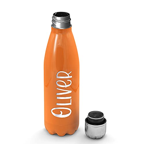 Personalized Kids Bottle Custom Children Name on Bright Orange 17 oz Cola Style Double Wall Vacuum Insulated Stainless Steel Sports Bottle