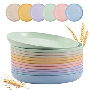 sgaofiee 12 pack 9 inch lightweight wheat straw plates, unbreakable deep dinner plates, plastic plates reusable, assorted colors dinnerware sets, microwave & dishwasher safe