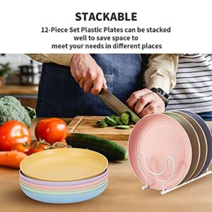 SGAOFIEE 12 PACK 9 Inch Lightweight Wheat Straw Plates, Unbreakable Deep Dinner Plates, Plastic Plates Reusable, Assorted Colors Dinnerware Sets, Microwave & Dishwasher Safe