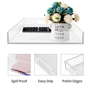 Allhercom Acrylic Serving Tray (12x16x2Inch) with Handles-Spill Proof-Clear Decorative Tray for Appetizer,Breakfast-Countertop Organizer Storage Tray for Kitchen,Bathroom,Living Room