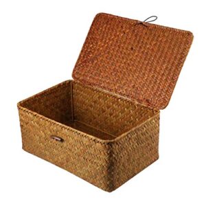 besportble rattan storage basket, 11 x 7 x 4. 9inch woven rectangular seagrass rattan basket with lid and button- rectangular rattan basket for shelf organizer makeup organizer