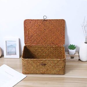 BESPORTBLE Rattan Storage Basket, 11 x 7 x 4. 9Inch Woven Rectangular Seagrass Rattan Basket with Lid and Button- Rectangular Rattan Basket for Shelf Organizer Makeup Organizer