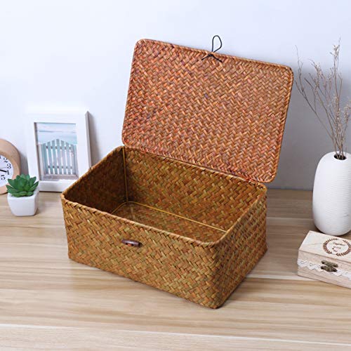 BESPORTBLE Rattan Storage Basket, 11 x 7 x 4. 9Inch Woven Rectangular Seagrass Rattan Basket with Lid and Button- Rectangular Rattan Basket for Shelf Organizer Makeup Organizer