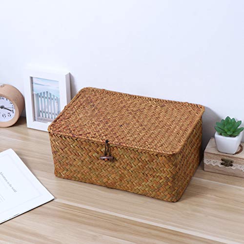 BESPORTBLE Rattan Storage Basket, 11 x 7 x 4. 9Inch Woven Rectangular Seagrass Rattan Basket with Lid and Button- Rectangular Rattan Basket for Shelf Organizer Makeup Organizer