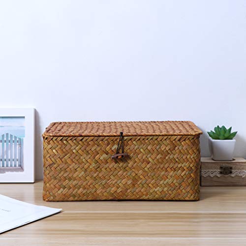 BESPORTBLE Rattan Storage Basket, 11 x 7 x 4. 9Inch Woven Rectangular Seagrass Rattan Basket with Lid and Button- Rectangular Rattan Basket for Shelf Organizer Makeup Organizer