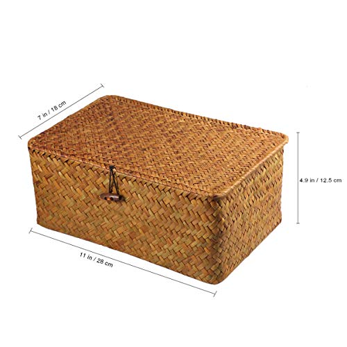 BESPORTBLE Rattan Storage Basket, 11 x 7 x 4. 9Inch Woven Rectangular Seagrass Rattan Basket with Lid and Button- Rectangular Rattan Basket for Shelf Organizer Makeup Organizer