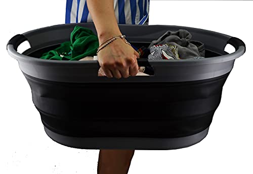 SAMMART 44L Collapsible Plastic Laundry Basket - Foldable Pop Up Storage Container / Organizer - Portable Washing Tub - Space Saving Hamper / Basket - Water Capacity: 35L (1, Dark Grey/Black), Size: 25.4 x 17.8 x 10.6 inches