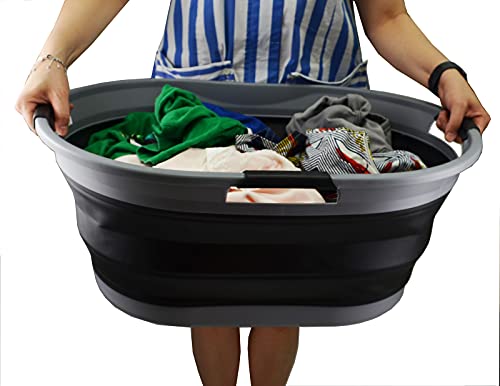 SAMMART 44L Collapsible Plastic Laundry Basket - Foldable Pop Up Storage Container / Organizer - Portable Washing Tub - Space Saving Hamper / Basket - Water Capacity: 35L (1, Dark Grey/Black), Size: 25.4 x 17.8 x 10.6 inches