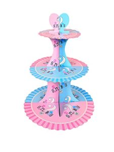 risshine 3 tier 12 height cardboard cupcake stand donuts dessert tower for baby shower,gender reveal party decoration supplies(bule & pink), blue & pink