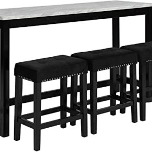 New Classic Furniture Celeste Faux Marble Theater Bar Table with 3 Bar Stool Set, Black Velvet with Black Base