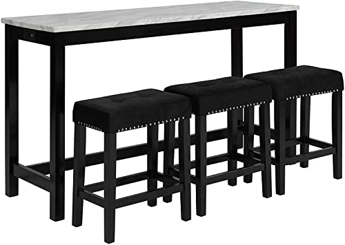 New Classic Furniture Celeste Faux Marble Theater Bar Table with 3 Bar Stool Set, Black Velvet with Black Base