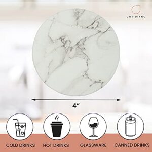 COTIDIANO Round Absorbent Coasters for Drinks - 6pcs Ceramic Coaster Set with Holder - White Marble Coaster Design with Non Slip Cork Base