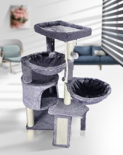 Xin Three Layer Cat Tree with Cat Condo and Two Hammocks,Grey