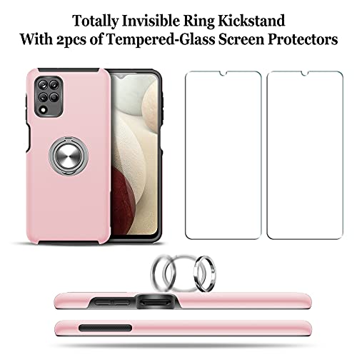 JAME for Samsung Galaxy A12 Case with [2 Pack] Tempered-Glass Screen Protector, Slim Soft Bumper Protective Case for Samsung A12 Case, with Invisible Ring Holder Kickstand for Galaxy A12 Case, Pink