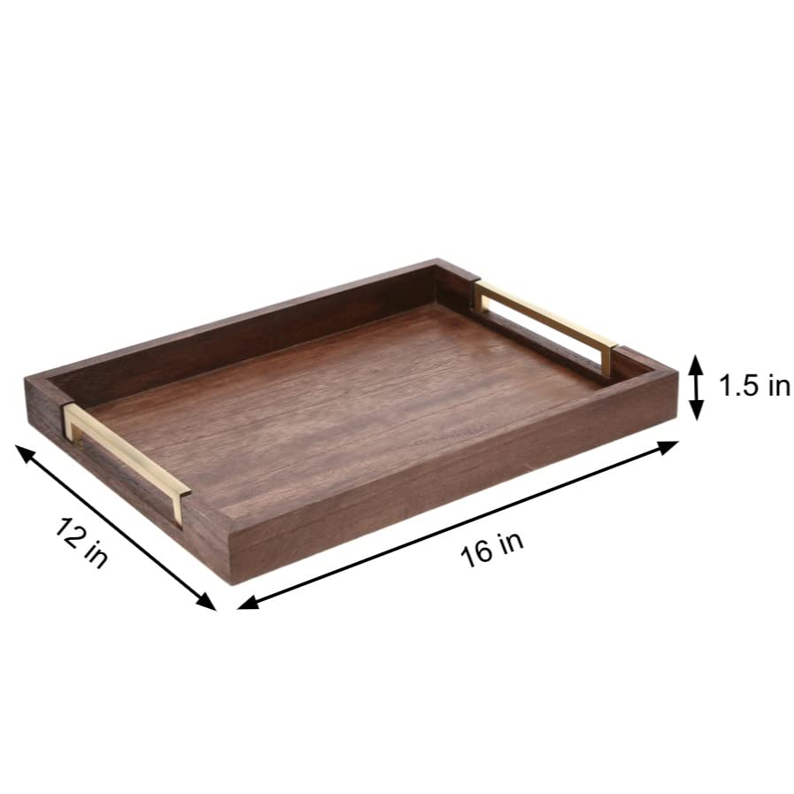 Wooden Coffee Table Serving Tray - Decorative Ottoman Tray for Living Room, Beautiful Home Decor, Perfect for Serving Food or displaying Household Items. Walnut and Gold Brass. by Harry & Melinda.