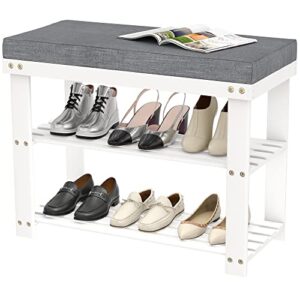 domax white shoe rack bench for entryway - bench with shoe storage front door shoe bench with cushion upholstered padded seat 3 tier bamboo shoe holder for indoor entrance hallway bedroom living room