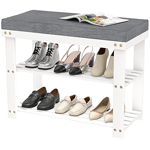 Domax White Shoe Rack Bench for Entryway - Bench with Shoe Storage Front Door Shoe Bench with Cushion Upholstered Padded Seat 3 Tier Bamboo Shoe Holder for Indoor Entrance Hallway Bedroom Living Room