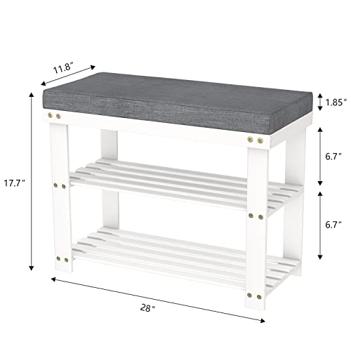 Domax White Shoe Rack Bench for Entryway - Bench with Shoe Storage Front Door Shoe Bench with Cushion Upholstered Padded Seat 3 Tier Bamboo Shoe Holder for Indoor Entrance Hallway Bedroom Living Room