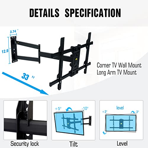 FORGING MOUNT Corner TV Wall Mount Long Arm TV Mount Bracket for 32"-75" TVs-Easy to Install Single Stud Design- 33" of Smooth Extension Plus Swivel,Tilt,Max VESA 600X400mm,Holds 100lbs