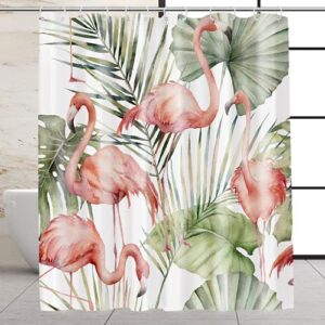 vega u flamingo shower curtain for bathroom, tropical leaves themed bath decor with hooks, 72x72 inch