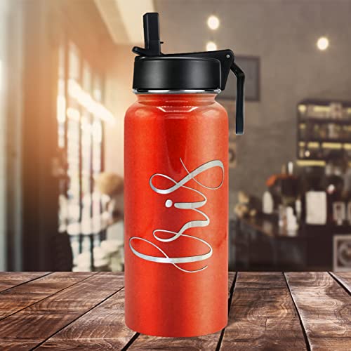 Personalized Water Bottle with Straw Lid on Orange Glitter for Gym Engraved Custom Women Name 32 oz Modern Insulated Stainless