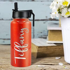 Personalized Water Bottle with Straw Lid on Orange Glitter for Gym Engraved Custom Women Name 32 oz Modern Insulated Stainless