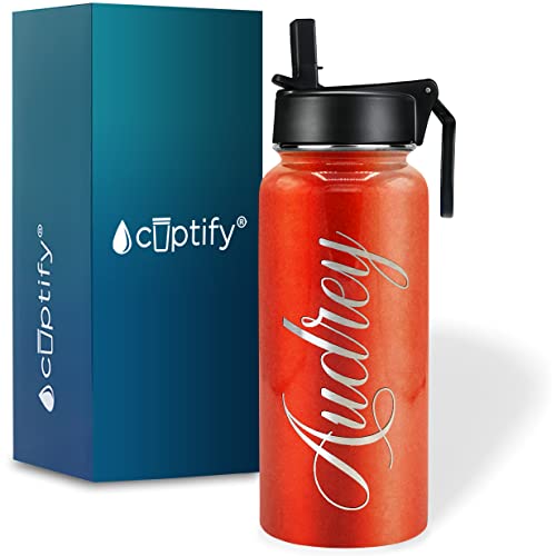 Personalized Water Bottle with Straw Lid on Orange Glitter for Gym Engraved Custom Women Name 32 oz Modern Insulated Stainless