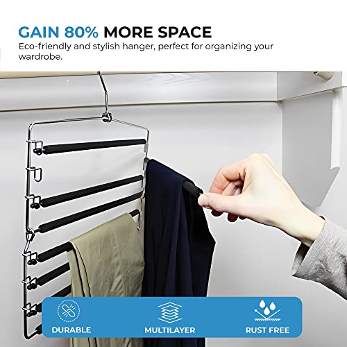 USTECH Metal Space Saving Hangers for Closet Organization | Heavy Duty Foam Padding, Non-Slip & Removable Trouser Bar for Convenient Functionality | Folding Mechanism for Easy Storage | Pack of 2