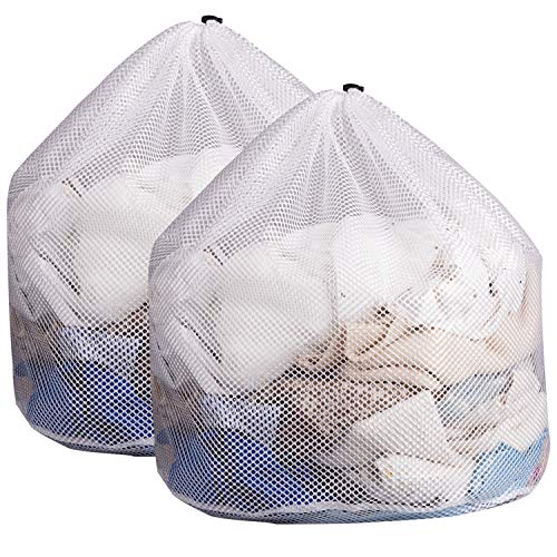 Kooyee 2 Pack White Mesh Laundry Bags, 31" x 24" Sturdy Drawstring Net Bag Heavy Duty, Extra Large Laundry Bags for Delicates, Garment Laundry Mesh Bag for Family, College Dorm, Apartment (2 Coarse Net)