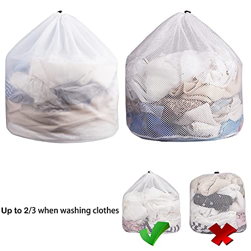 Kooyee 2 Pack White Mesh Laundry Bags, 31" x 24" Sturdy Drawstring Net Bag Heavy Duty, Extra Large Laundry Bags for Delicates, Garment Laundry Mesh Bag for Family, College Dorm, Apartment (2 Coarse Net)