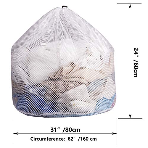 Kooyee 2 Pack White Mesh Laundry Bags, 31" x 24" Sturdy Drawstring Net Bag Heavy Duty, Extra Large Laundry Bags for Delicates, Garment Laundry Mesh Bag for Family, College Dorm, Apartment (2 Coarse Net)