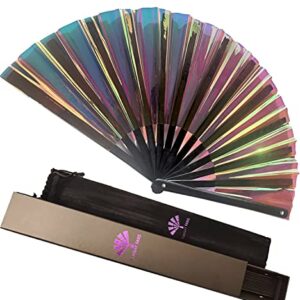 Fansay Fans - Large Iridescent Folding Hand Fan for Women/Men- Big Folding Fan W/Carrying Case - Festival Clothing, Rave Accessories (Bustling Black)