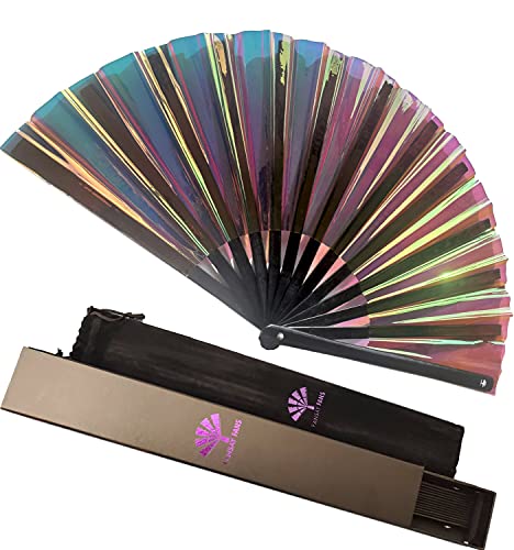 Fansay Fans - Large Iridescent Folding Hand Fan for Women/Men- Big Folding Fan W/Carrying Case - Festival Clothing, Rave Accessories (Bustling Black)