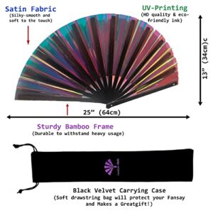 Fansay Fans - Large Iridescent Folding Hand Fan for Women/Men- Big Folding Fan W/Carrying Case - Festival Clothing, Rave Accessories (Bustling Black)