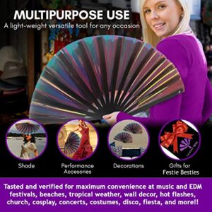 Fansay Fans - Large Iridescent Folding Hand Fan for Women/Men- Big Folding Fan W/Carrying Case - Festival Clothing, Rave Accessories (Bustling Black)