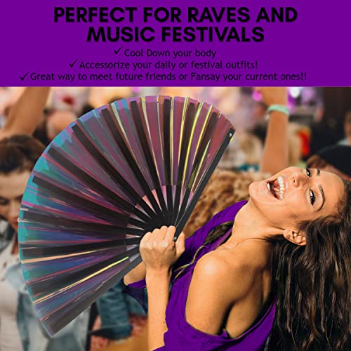 Fansay Fans - Large Iridescent Folding Hand Fan for Women/Men- Big Folding Fan W/Carrying Case - Festival Clothing, Rave Accessories (Bustling Black)