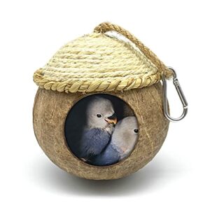 bird house with coconut woven straw, natural coconut bird cage with woven cover，bird nest for parrot, hamster, squirrel, rat, lovebird, finches