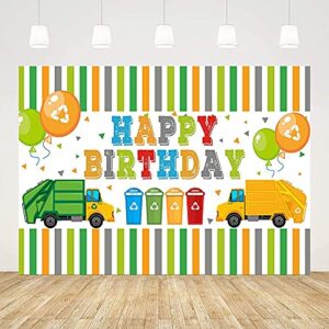 ablin 7x5ft garbage truck boys happy birthday backdrop waste management colorful stripe green yellow rubbish truck trash can background party decorations cake table banner props, clear