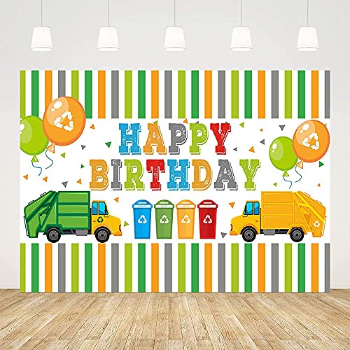 ABLIN 7x5ft Garbage Truck Boys Happy Birthday Backdrop Waste Management Colorful Stripe Green Yellow Rubbish Truck Trash Can Background Party Decorations Cake Table Banner Props, Clear