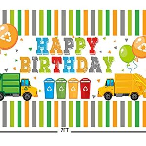 ABLIN 7x5ft Garbage Truck Boys Happy Birthday Backdrop Waste Management Colorful Stripe Green Yellow Rubbish Truck Trash Can Background Party Decorations Cake Table Banner Props, Clear